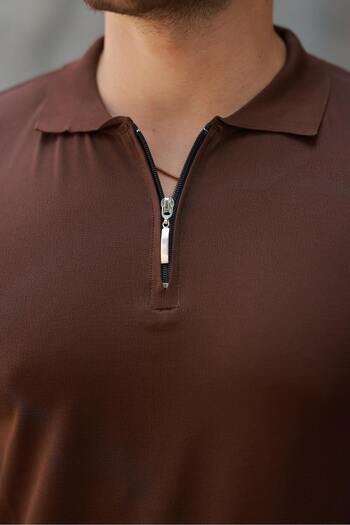 comstar Men's Half Zipper Basic Tight Brown Polo Neck T-Shirt