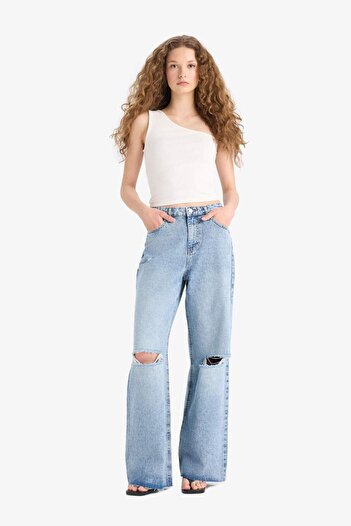 DeFacto Wide Leg Ripped Detailed High Waist Wide Leg Long Jean Pants E1681Ax25Sm