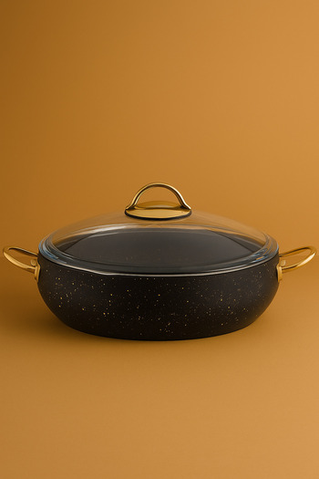 YUNUSOĞLU HOME 28 cm Flattened Stew Pot – 3.5 Liters, Gold Handle, 4 mm Granite Coating, Fireproof Non-Stick