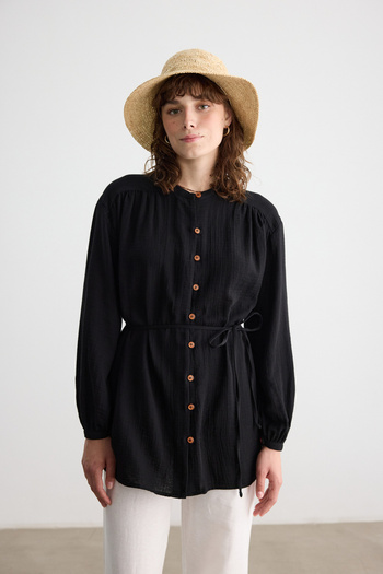 BE BLUE Black Wood Buttoned Muslin Shirt