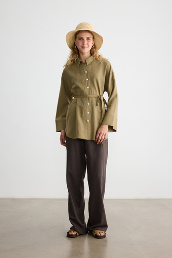 BE BLUE Olive Button Cotton Linen Shirt