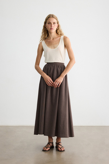 BE BLUE Brown Waist Tight Cotton Linen Skirt