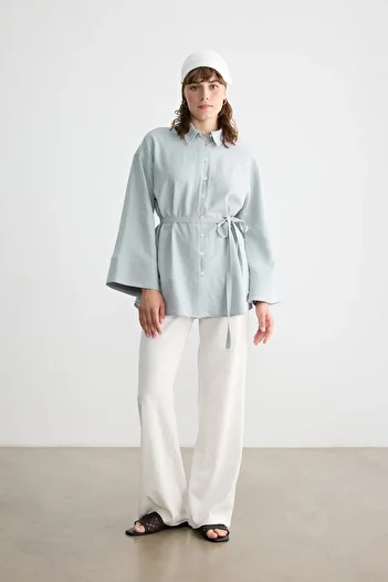 BE BLUE Blue Buttoned Cotton Linen Shirt