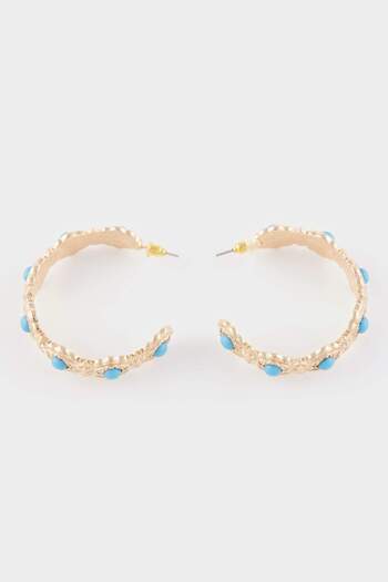 DeFacto Women's Blue Flower Motif Hoop Gold Earrings E6460Axns