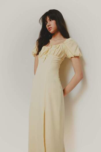 DeFacto A-Line V-Neck Linen Blend Slit Short Sleeve Midi Summer Dress F0534Ax25Sm