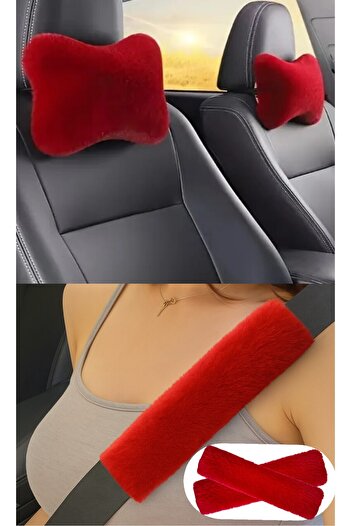 AYAZGRUP Red Plush Auto Neck Pillow + Seat Belt Pad – Set of 4 – Sporty & Stylish Design