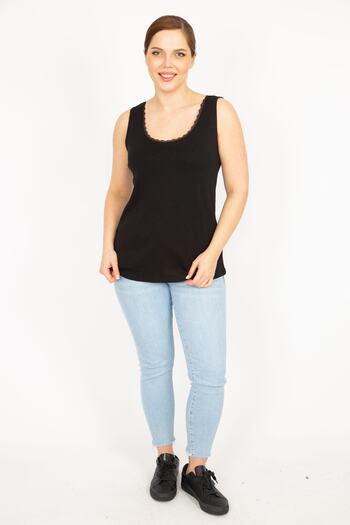 Şans Women's Large Size Black Cotton Fabric Collar Lace Detailed Sleeveless Blouse 65n26627
