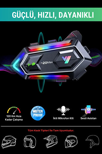 WUNİT 20MAX İki Kişi Bağlantılı Telsiz Özellikli 5.3 Motosiklet Kask Kulaklık RGB Motorsiklet Interkom