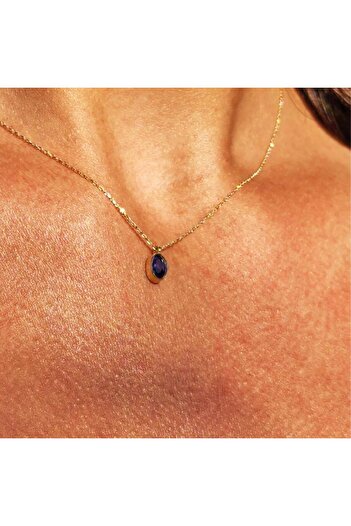 FasekGold Altın Kolye - 0.50 CT Safir (Mavi) Sade Minimal Tasarım 14 Ayar Altın Doğal Taşlı Kolye