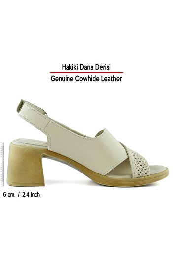 Erkan Saçmacı Seras Beige Genuine Calfskin Cross Strap Hole Detailed Thick Heeled Daily Sandals