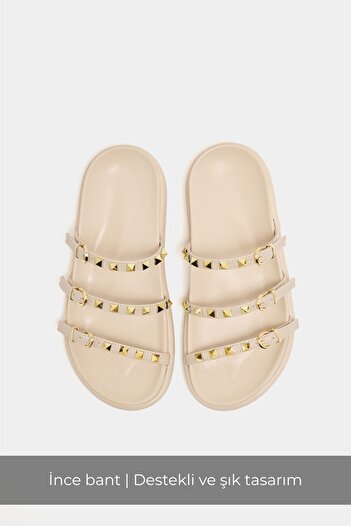Madamra Cream Women's Gold Staple Detailed Trend Slippers