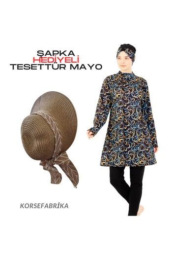 korsefabrika trend mood store Wide-Fitted Patterned Long Tunic Bra with Hat Gift Water-Repellent Quick Drying Stylish Tightness Swimsuit