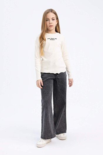 DeFacto Girls' Slim Fit Tight Fit Crew Neck Printed Ribbed Camisole Long Sleeve School T-Shirt D8565A82