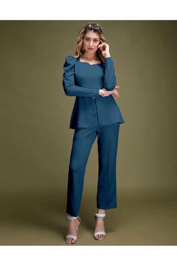 iza Light Navy Blue Puff Sleeve Solid Co-Ords Set