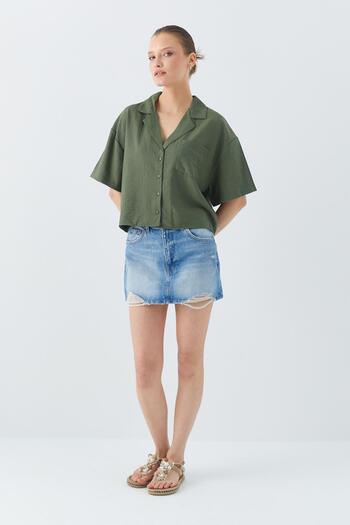 Mixray 4556 Model Women's Khaki Crop Shirt - Basic Design with Pockets