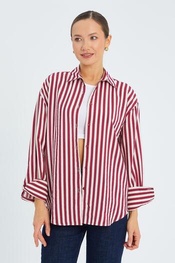 Mixray Burgundy Striped Women's Shirt - Epaulette Detail, Model 4611