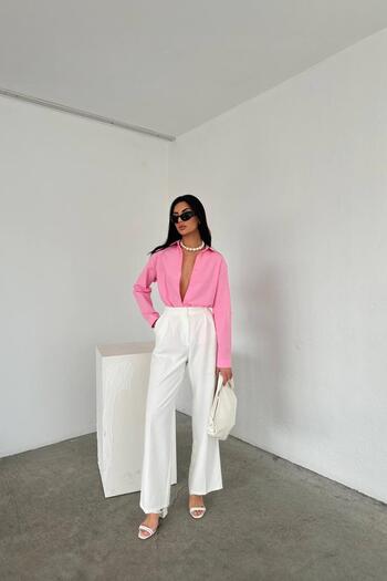 Mixray 3864 Women's Oversize Pink Long Shirt