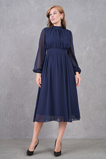 vuvutasarım Lined Chiffon Fabric Long Sleeve Stand Collar Flared Cut Midi Length Navy Blue Chiffon Dress 094