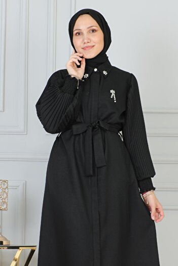 Modamihram Black Ferace - with Stone DeTail and Zipper 19208