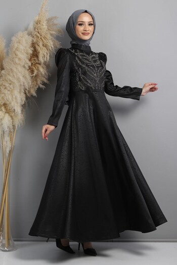 Modamihram Stoned Burnt Patterned Evening Dress Black 11404