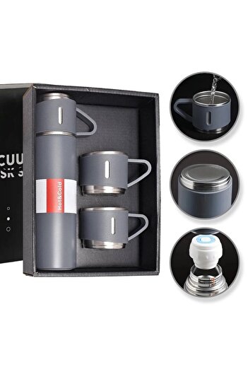 Manolex Set Thermos 500ml + 3 Cups – Ideal for Coffee and Tea, Portable and Durable, Grey, Manolex®