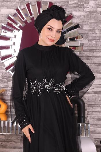 Modamihram Pearled Lace Detailed Tulle Evening Dress Black 19199