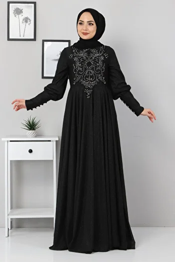 Modamihram Lace Detailed Evening Dress Black 10803