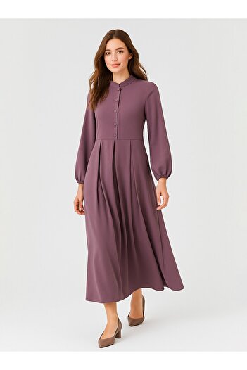 ALİA Judge Collar Button Detailed Plus Size Aerobin Dress - Purple - Alia