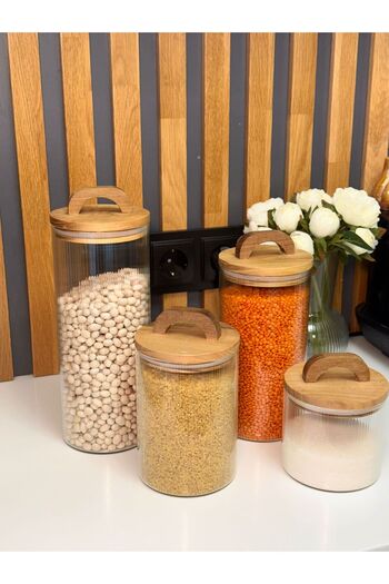 AROW Set of 4 Acacia Vacuum Lid Borosilicate Glass Jars