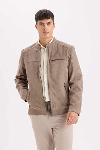DeFacto Slim Fit Dar Kesim Dik Yaka Fermuarlı Süet Görünümlü Mevsimlik Baharlık Mont D5977AX25SP