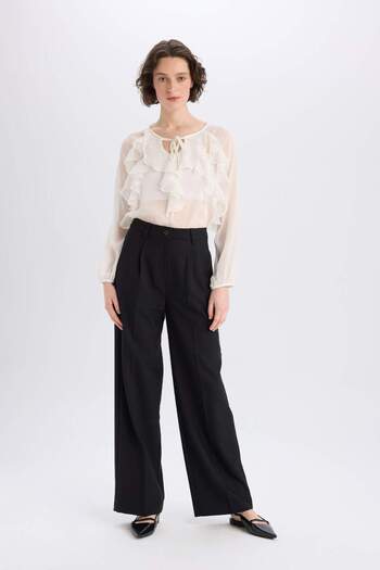 DeFacto Round Neck Ruffle Chiffon Blouse - Long Sleeve, Regular Fit E7138Ax25Sp