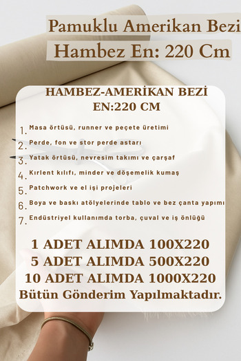 KAMİZ Amerikan Bezi Kumaş - Ham Bez Kumaş - Punch Kumaş - Kırlent-Masa Örtüsü - Runner-Astar-Döşemelik Bej