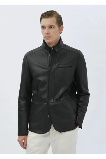Ramsey Siyah Regular Fit Dik Yaka Casual Kürk Deri Mont