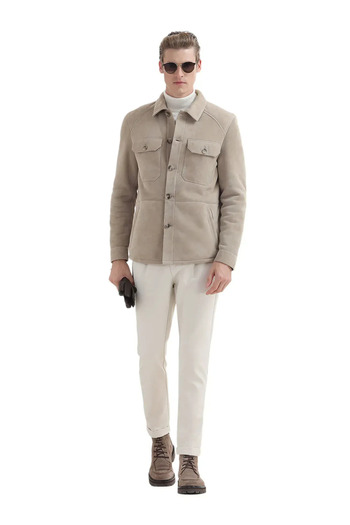 Ramsey Beige Regular Fit Shirt Collar Casual Fur Leather Coat