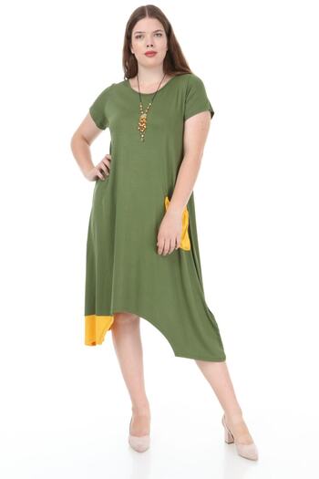 Şans Women's Large Size Khaki Pocket Detailed Garnished Dress 65n23077
