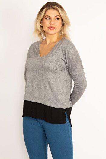 Şans Women's Large Size Gray V-Neck Blouse with Garnished Hem 65n34636