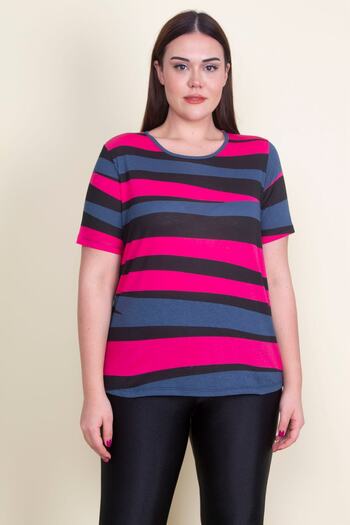 Şans Women's Large Size Fuchsia Crew Neck Cotton Fabric T.shirt 65n21080