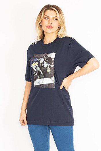 Şans Women's Plus Size Navy Blue Front Printed Blouse 65n26470