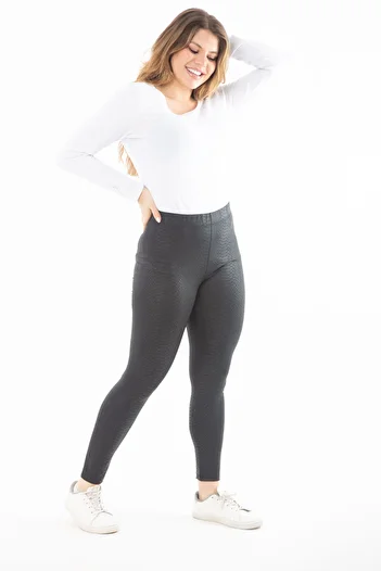 Şans Women's Large Size Black Leather Look Patterned Tights 65N37434