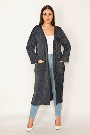 Şans Women's Large Size Navy Blue Line and Pocket Detailed Unlined Long Cape 65n19799
