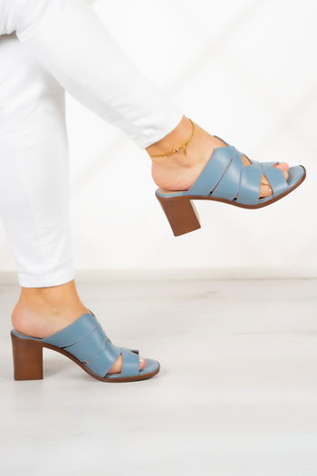 Erkan Saçmacı Bianca Blue Genuine Calf Leather Open Front Cutout Detailed Thick Heeled Daily Slippers