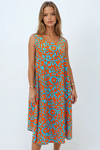 VAGGON Women's Sky Blue Elastic Shoulders Sleeveless Relaxed Cut Patterned Dress Vs00270