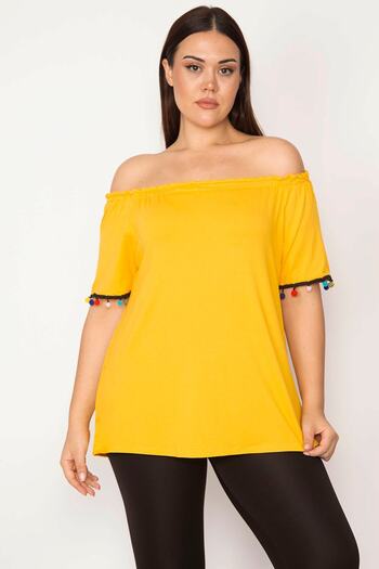 Şans Women's Large Size Mustard Collar Elastic Sleeves Pompom Detailed Blouse 65n29509