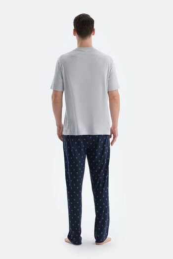 Dagi Gray Short Sleeve Placket T-Shirt Shorts Pants Three-Piece Pajama Set