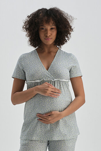 Dagi Green Patterned V-Neck Cotton Maternity Pajama Top
