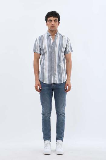 SHIRTSPRO shirtpro cotton regular fit short sleeve button down collar shirt in navy color striped pattern