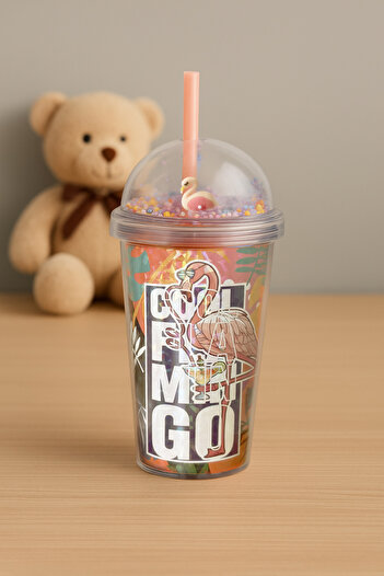 Kitchen Life Hand Non-Burning Double Layer Neon Flamingo Patterned Glass with Straw 600 ml – Fun Drink Cup