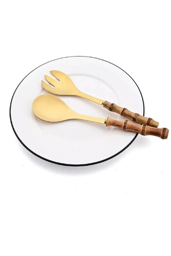 Anadolu Saray Bambu Ahşap Saplı Gold Detaylı Kaşık ve Çatal Seti Çelik Salata Makarna Servis Seti