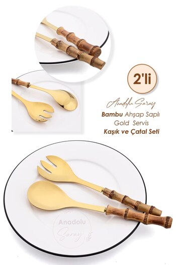 Anadolu Saray Bambu Ahşap Saplı Gold Detaylı Kaşık ve Çatal Seti Çelik Salata Makarna Servis Seti