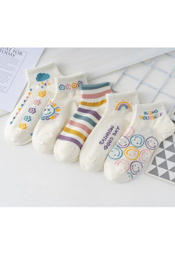 Esinti 5 Pairs Women's Ankle Length Pastel Colored Rainbow Patterned Booties Socks Set 5 Pieces